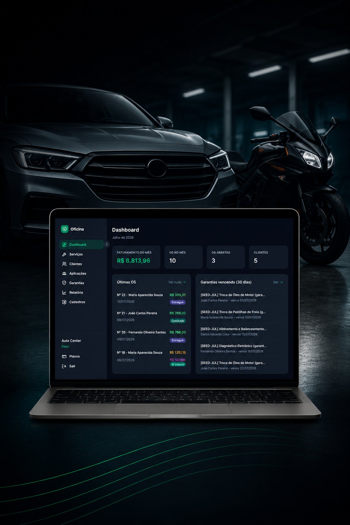 Painel do Repair System em um notebook, com carro e moto ao fundo